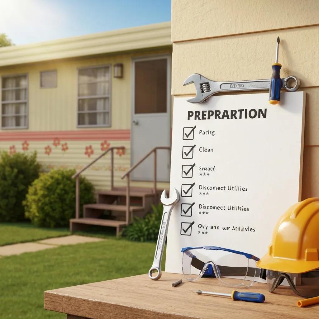 A checklist and various tools laid out, ready for the preparation of a manufactured home for transport, emphasizing thoroughness.