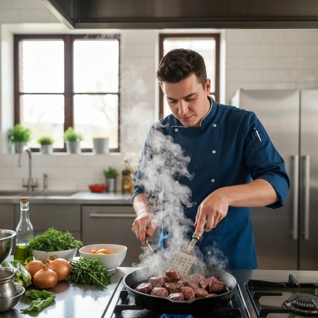 Chef searing beef chunks in a skillet, highlighting cooking techniques for beef stew