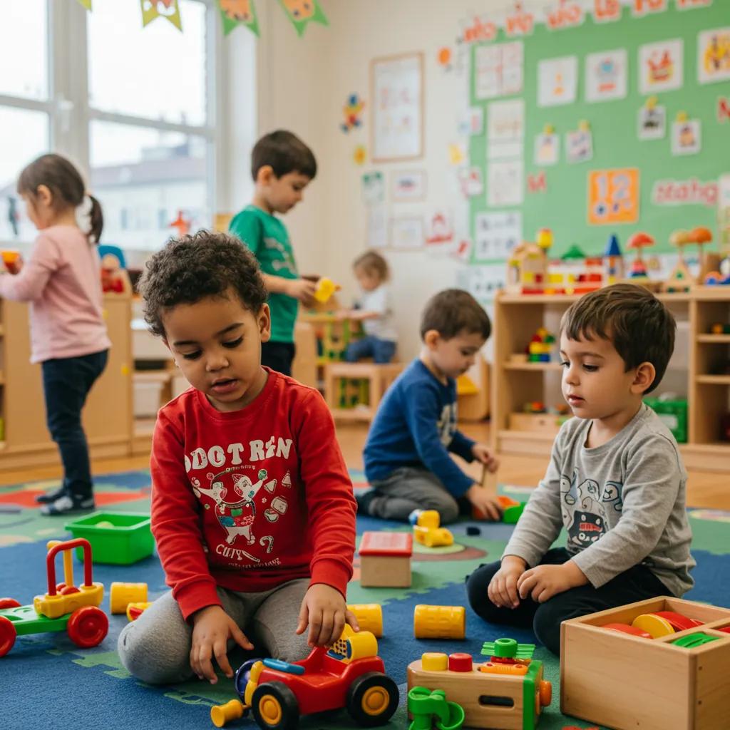 Children engaged in play-based learning activities in a bright preschool environment