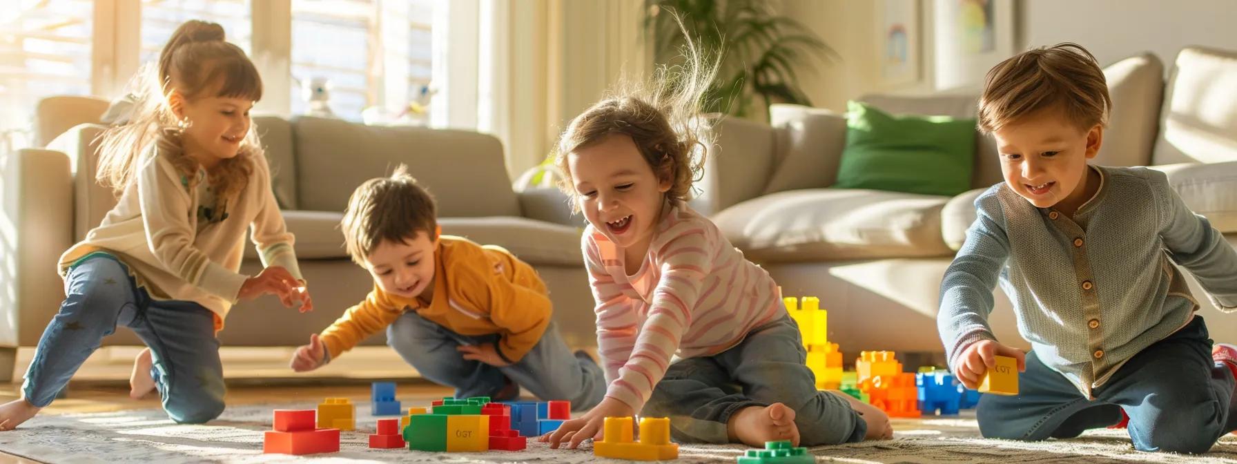 Four young children play joyfully in a cozy, well-lit living room, engaging in activities like building with colorful blocks and running together, creating a warm and lively atmosphere of safe indoor fun. Four young children play joyfully in a cozy, well-lit living room, engaging in activities like building with colorful blocks and running together, creating a warm and lively atmosphere of safe indoor fun.