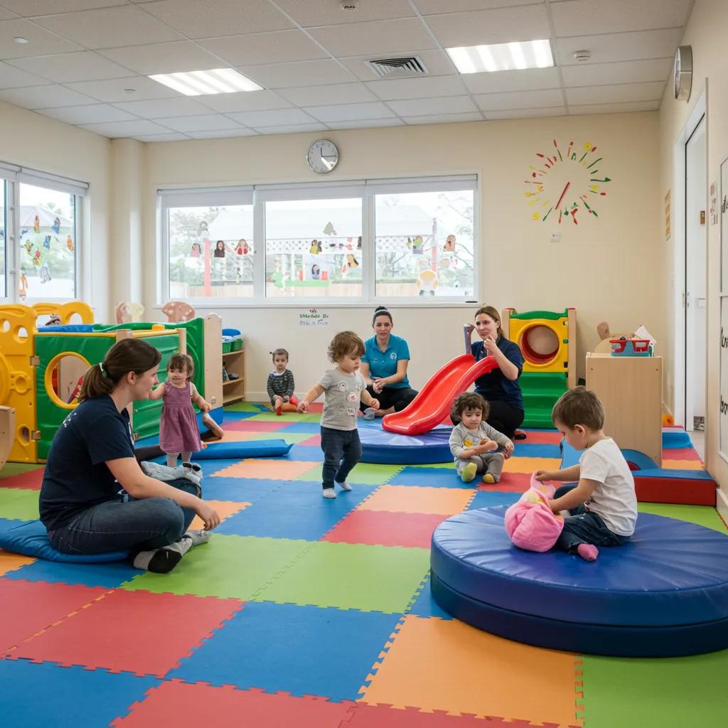 Children playing safely in a vibrant daycare environment with attentive caregivers