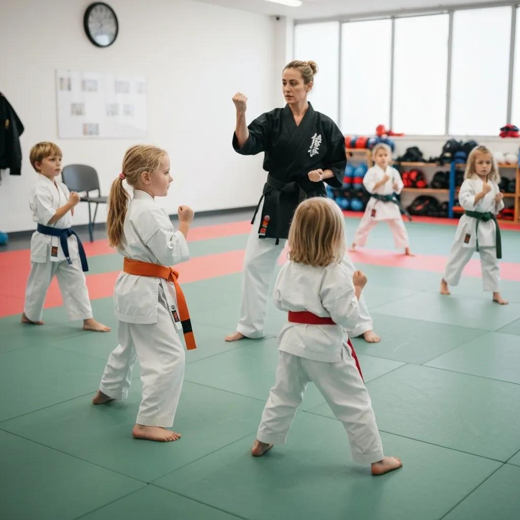 Young children attentively practicing karate movements under the guidance of an instructor, demonstrating focus and growing confidence.