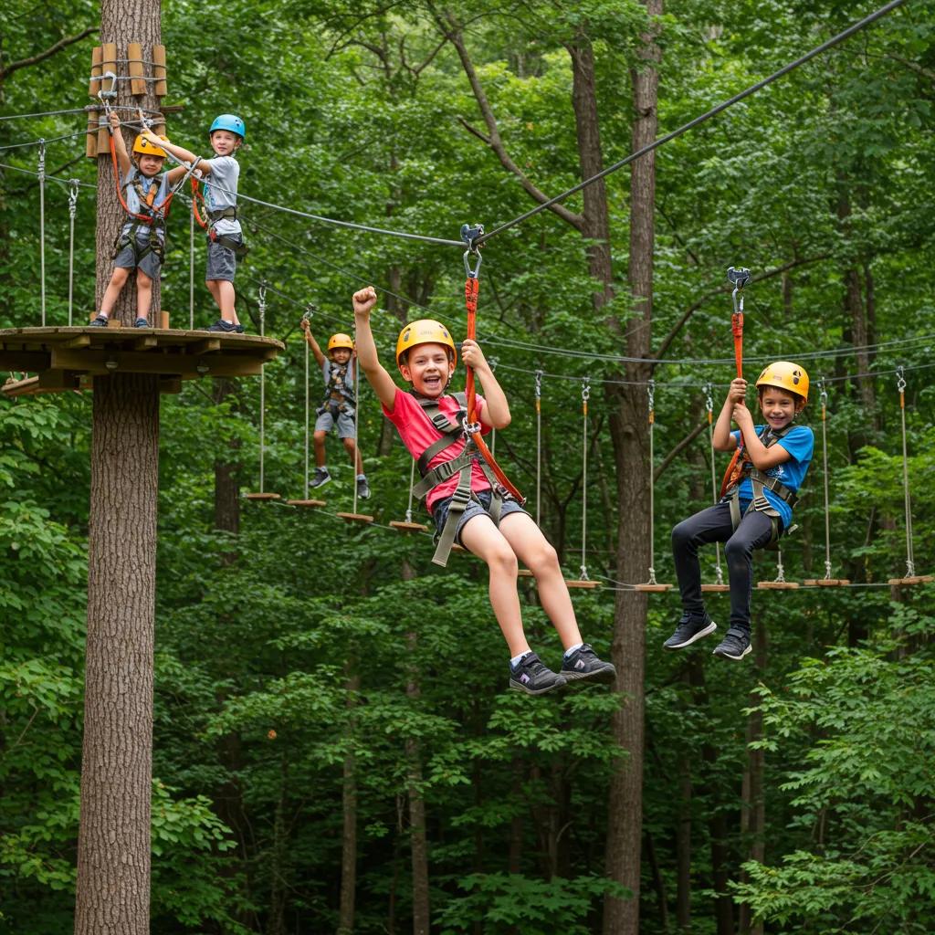 Children ziplining at a kid-friendly attraction in Blue Ridge GA