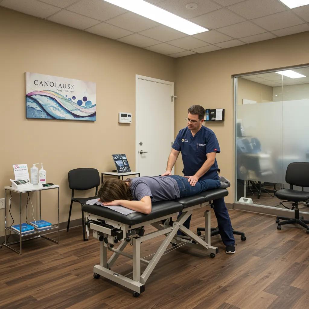 Chiropractor adjusting a patient's back in a welcoming clinic environment