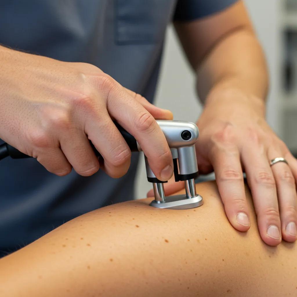 Chiropractor using instrument-assisted soft tissue therapy on a patient's shoulder