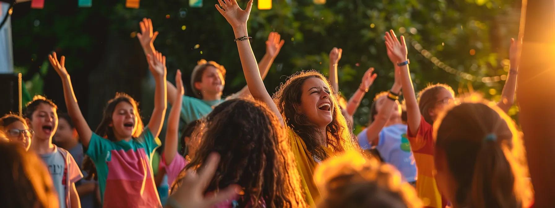 A vibrant community choir performing on an outdoor festival stage, surrounded by an engaged and cheerful audience.