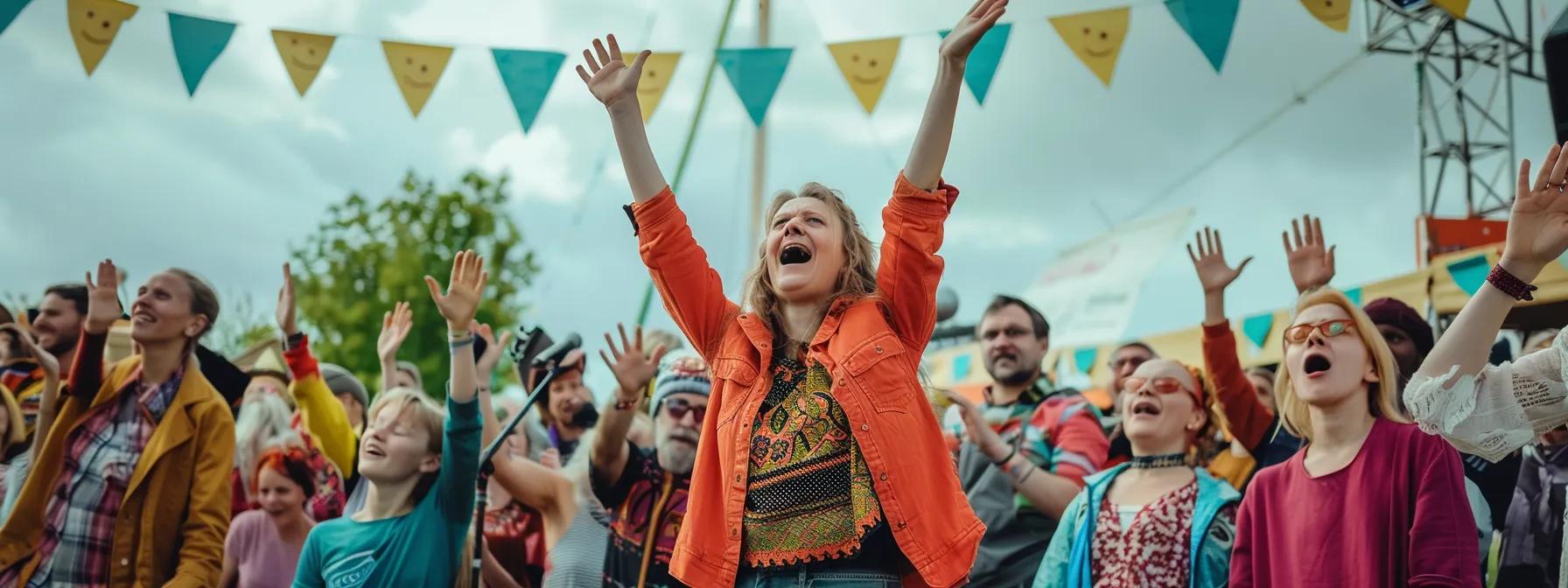 A vibrant community choir performing on an outdoor festival stage, surrounded by an engaged and cheerful audience.