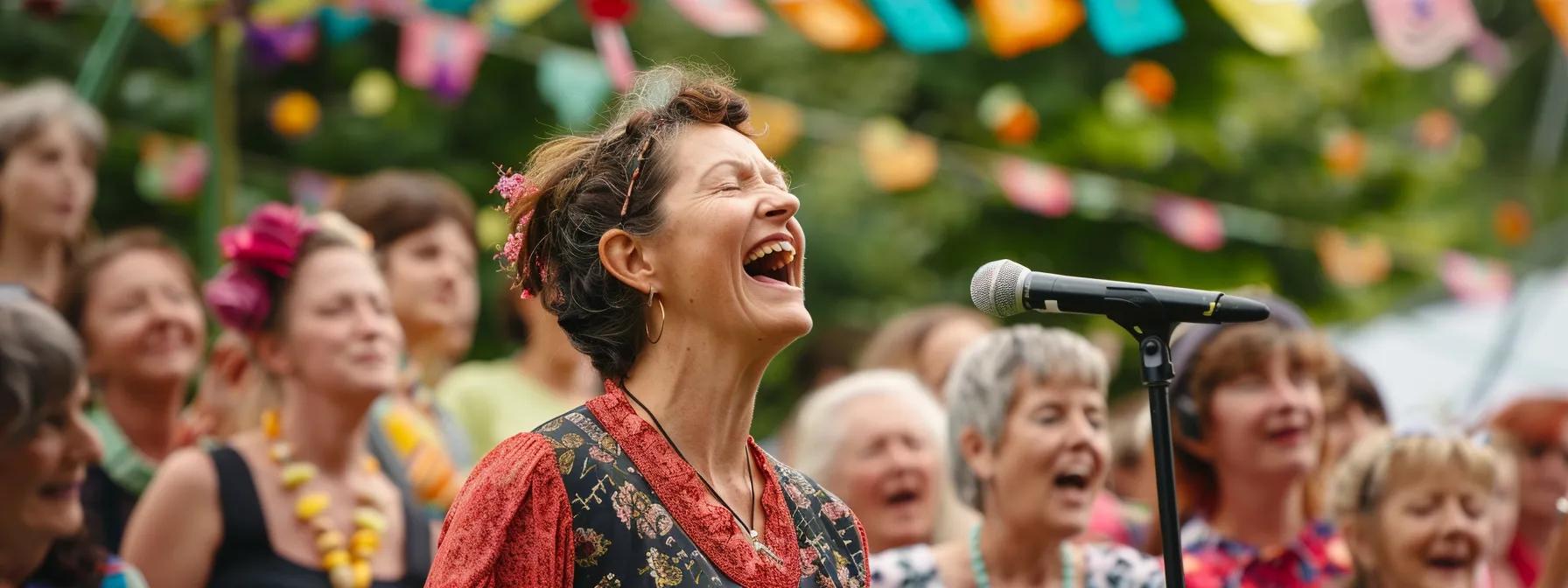 A vibrant community choir performing on an outdoor festival stage, surrounded by an engaged and cheerful audience.