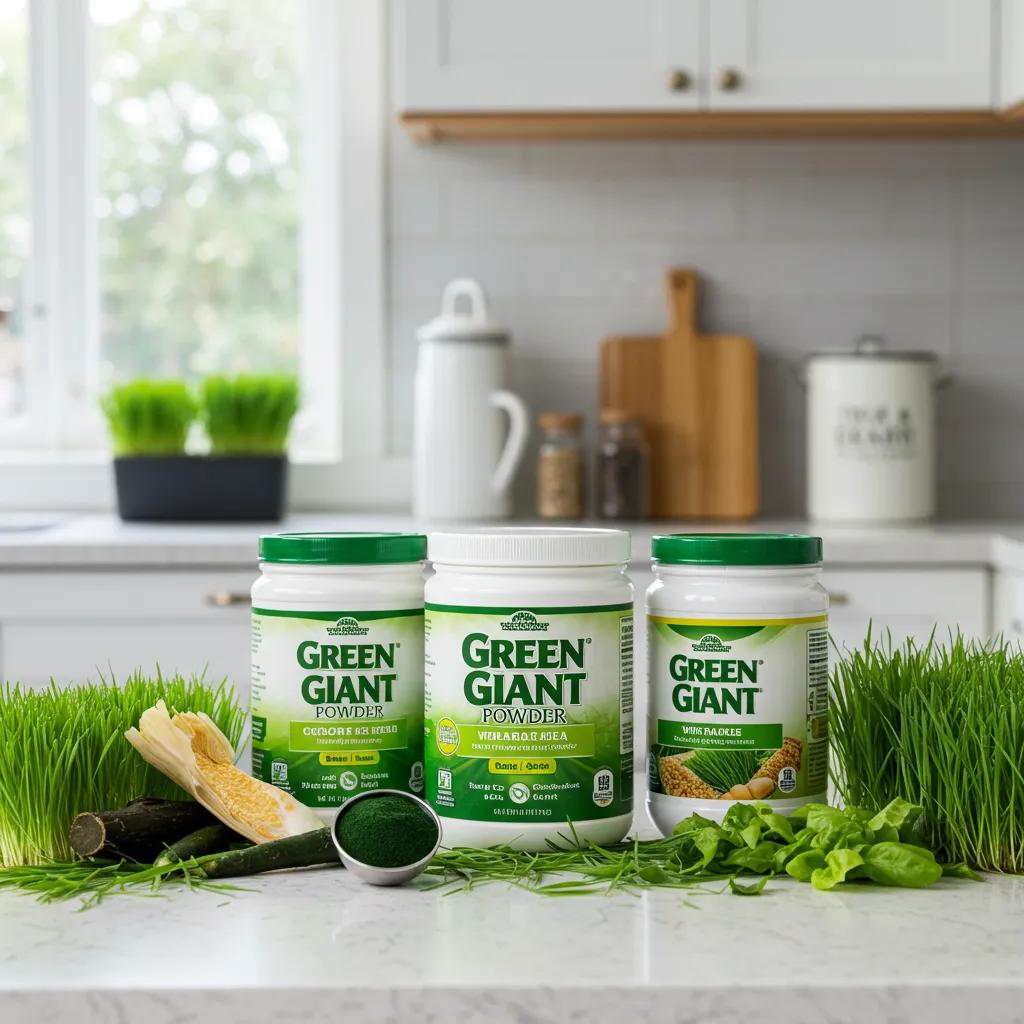 Clean kitchen counter displaying Green Giant Powder with detoxifying ingredients like chlorella and wheatgrass, promoting a healthy lifestyle