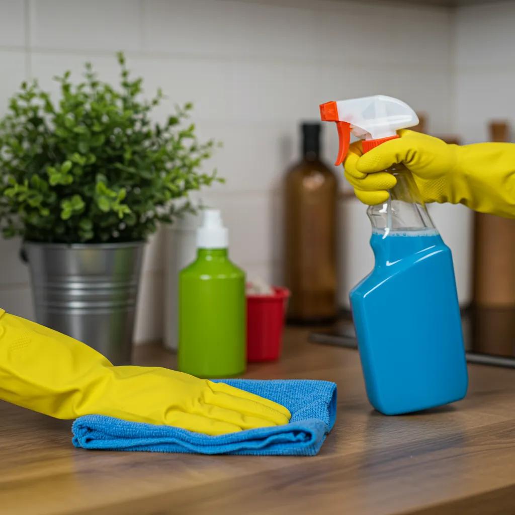Cleaner using eco-friendly products in a kitchen, showcasing sustainable cleaning practices