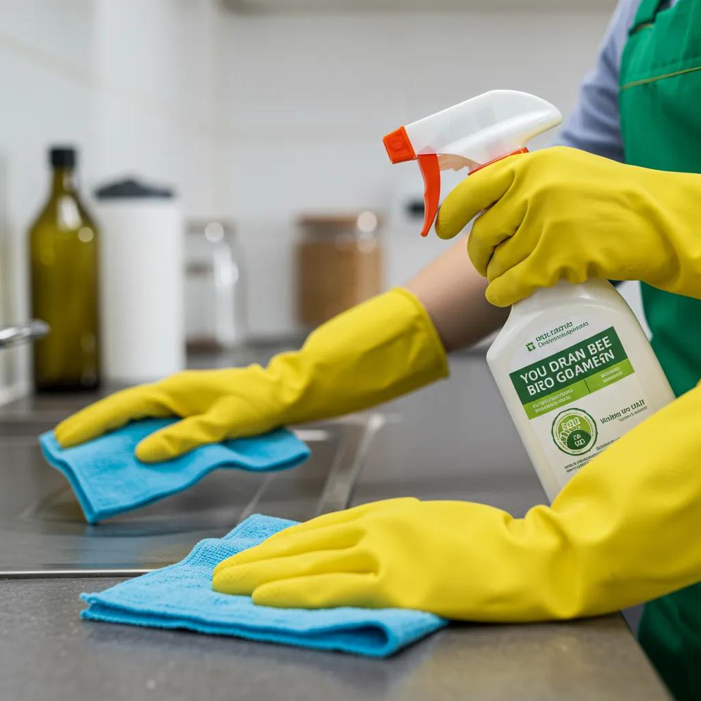 A cleaner using environmentally friendly products on kitchen counters, emphasizing the health and hygiene benefits of professional cleaning