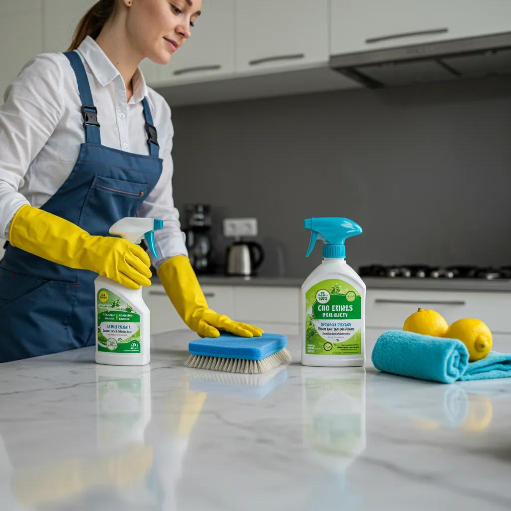 Cleaning professional using eco-friendly products in a modern kitchen, illustrating average cleaning service prices