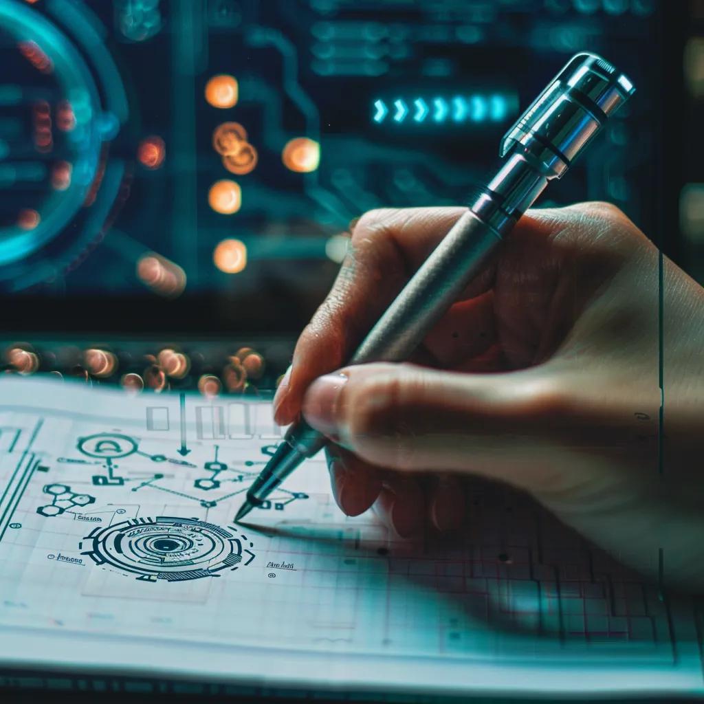 Close-up of hand writing clear prompts on a notepad with AI interface in the background, illustrating the importance of clarity