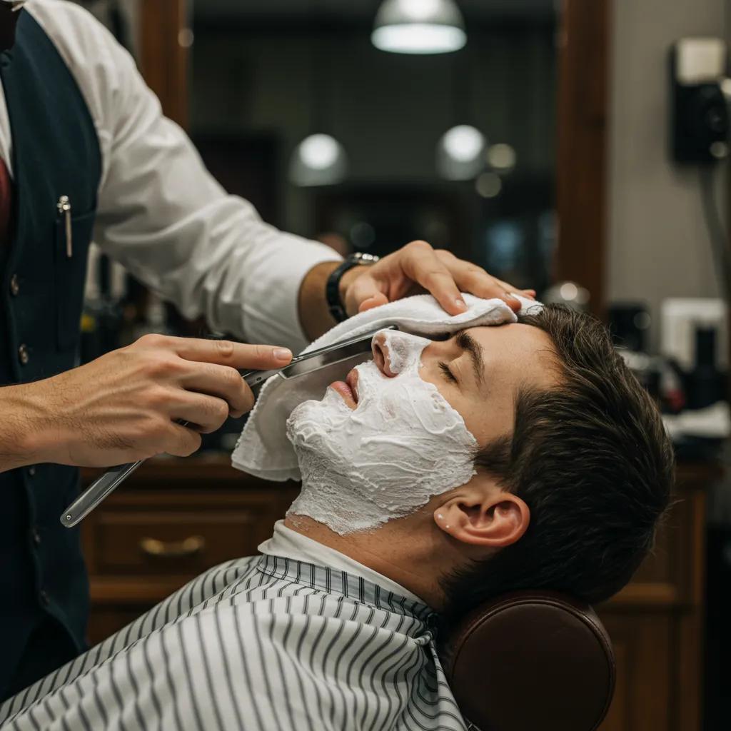 Client enjoying a hot towel shave in a luxurious barbershop, showcasing the unique grooming experience Client enjoying a hot towel shave in a luxurious barbershop, showcasing the unique grooming experience