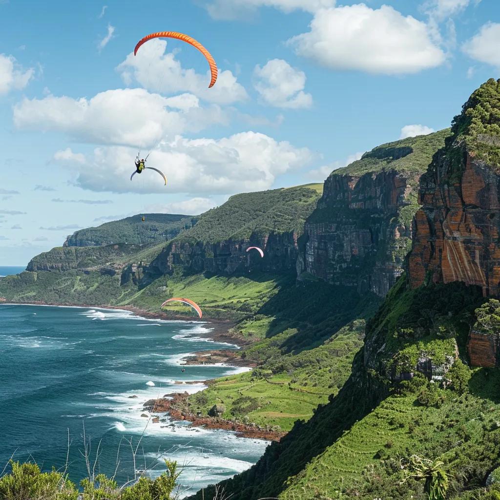 Stanwell Park's cliff-top launch area with paragliders and views of the Tasman Sea