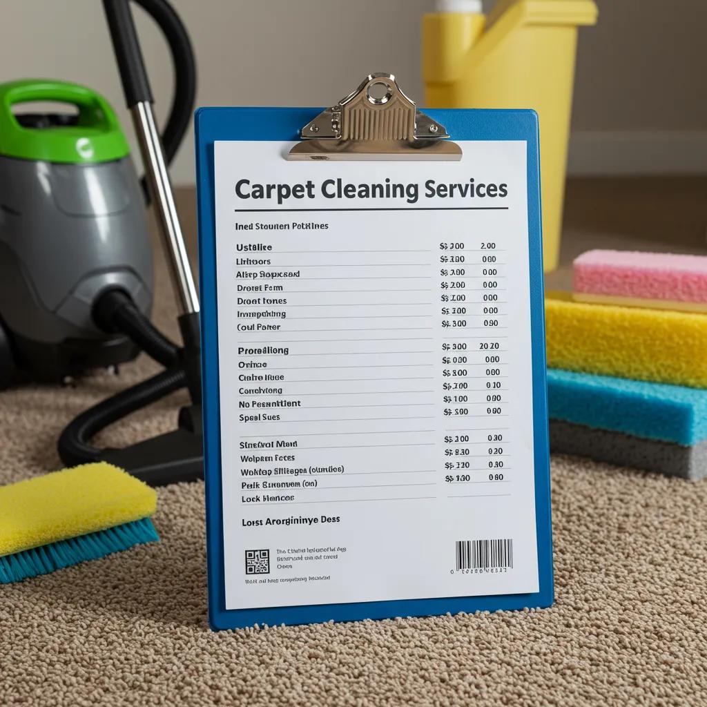 Clipboard with carpet cleaning pricing list on a clean carpet with cleaning tools