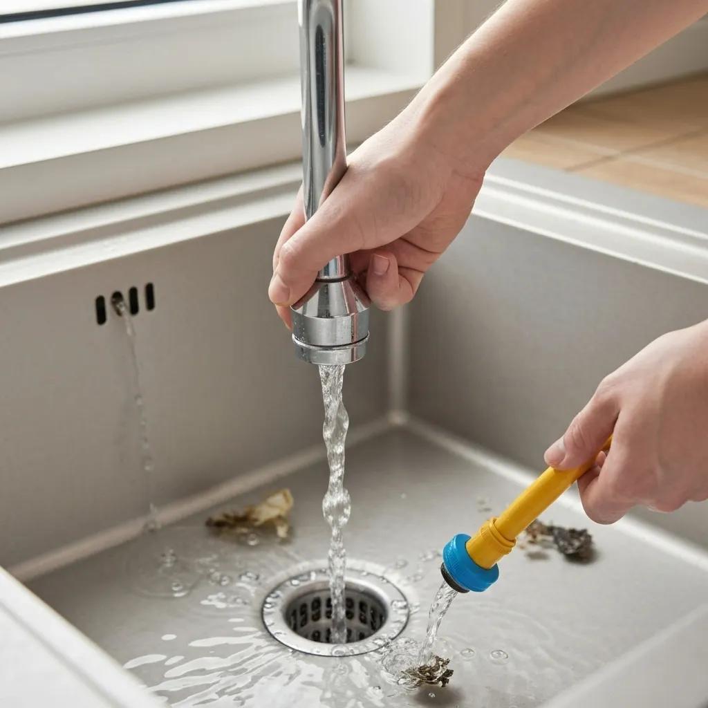 A clogged sink drain in a home, showing water pooling and debris, highlighting potential plumbing problems