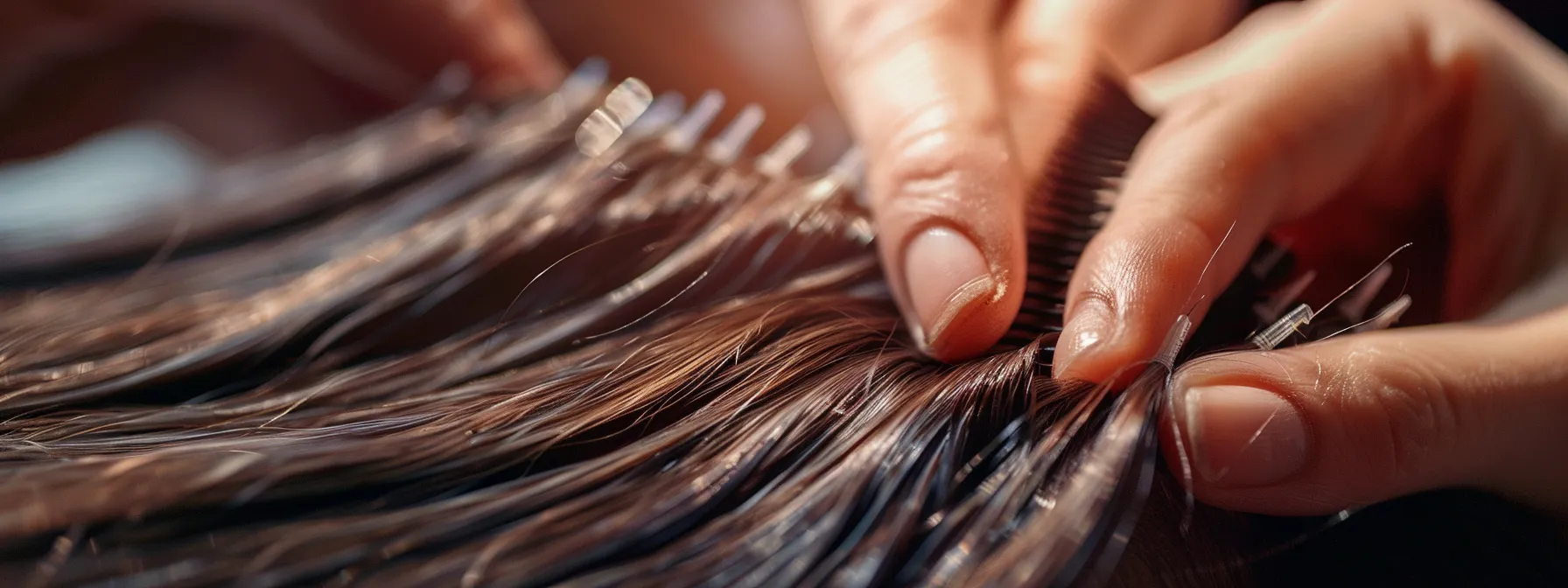 Hands inspecting hair extensions closely, illustrating the importance of recognizing when extensions show signs of slippage, tangling, or damage and need adjustment or removal. Hands inspecting hair extensions closely, illustrating the importance of recognizing when extensions show signs of slippage, tangling, or damage and need adjustment or removal.