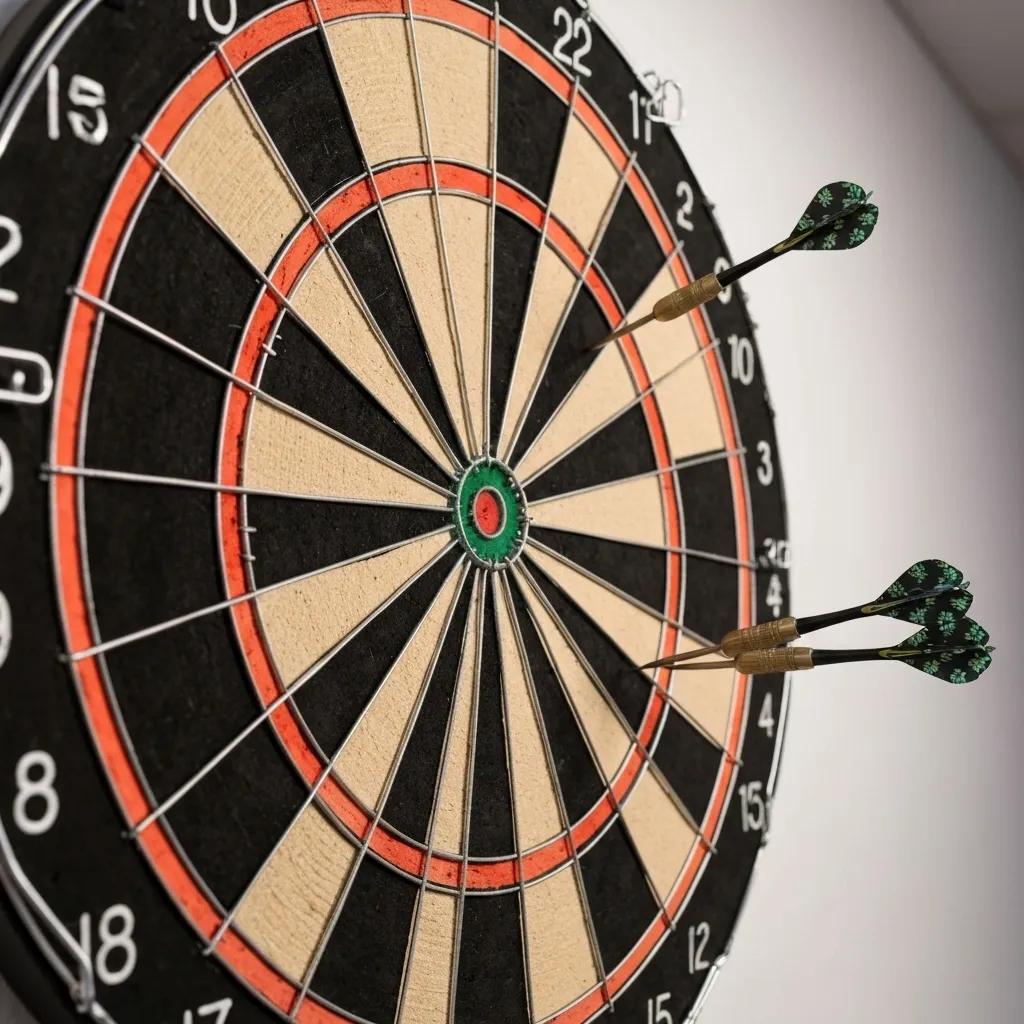 Close-up of a bristle dartboard with staple-free bullseye and auto-scoring features