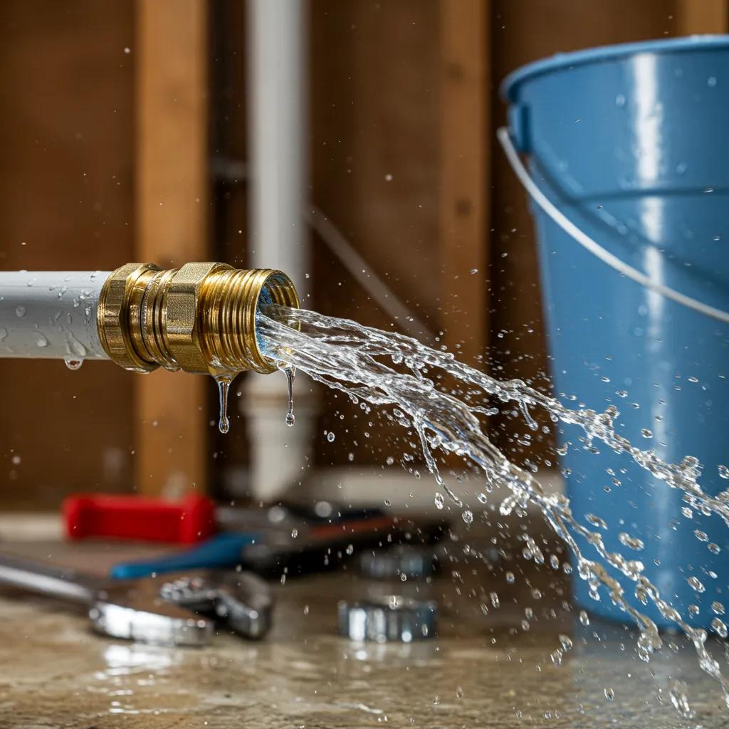 Close-up of a burst pipe spraying water, illustrating the urgency of plumbing emergencies