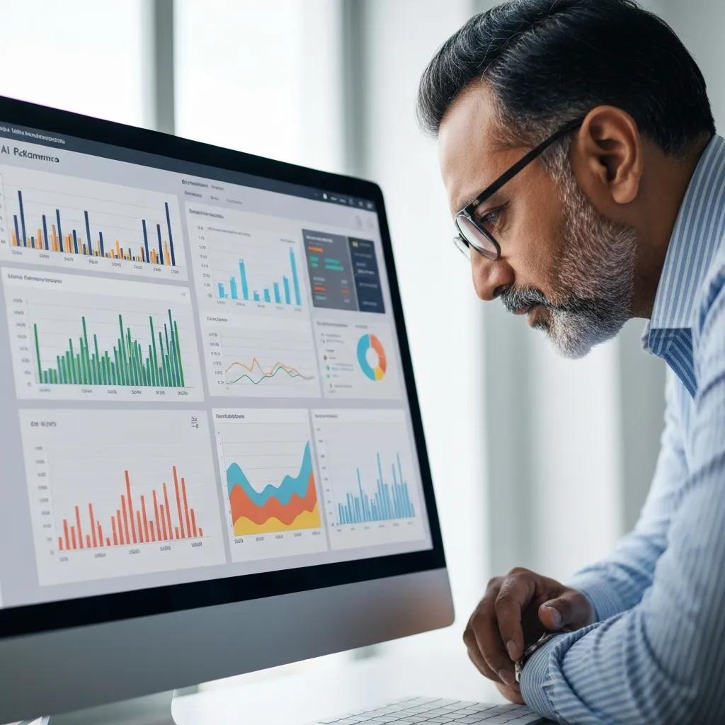 A detailed view of a computer screen displaying sophisticated AI performance metrics, data analytics dashboards, and system health indicators. A detailed view of a computer screen displaying sophisticated AI performance metrics, data analytics dashboards, and system health indicators.