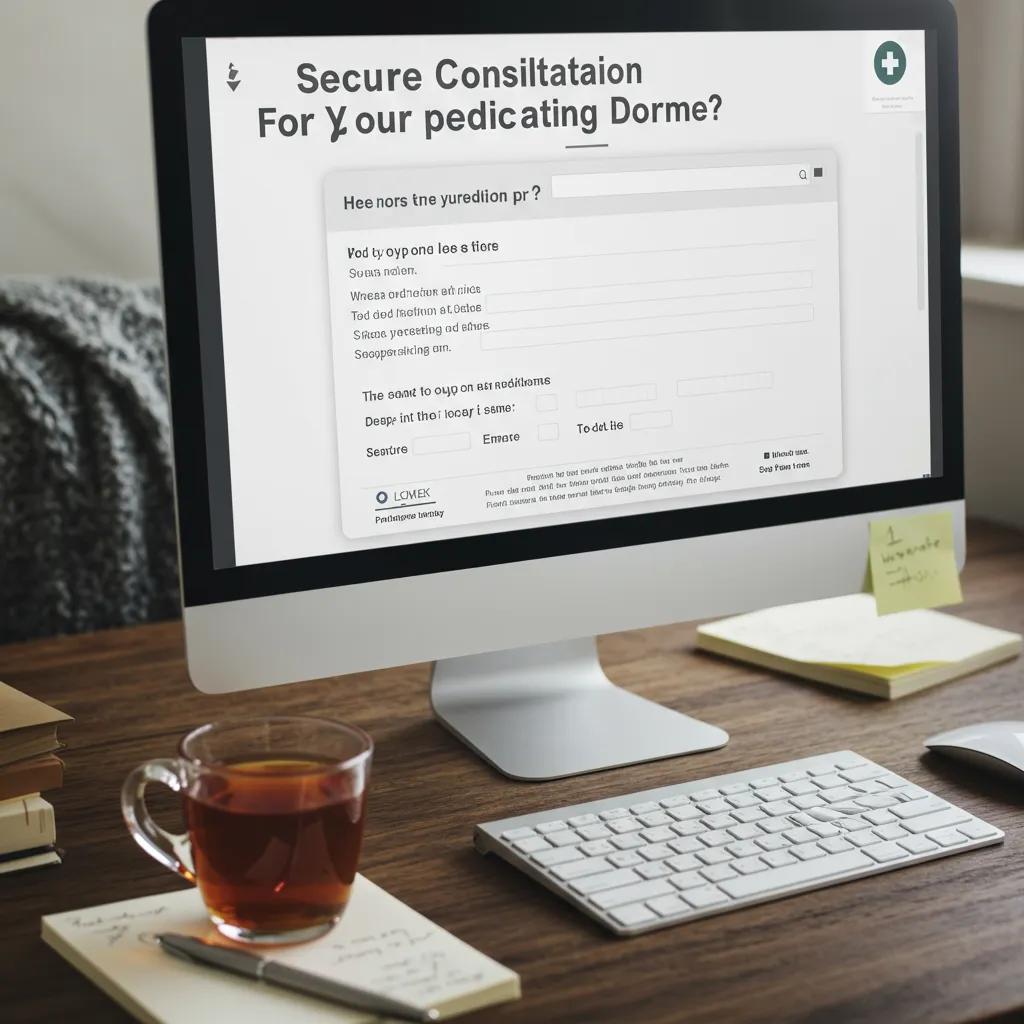 Close-up of a computer screen with an online consultation form for buying Mysimba, highlighting legal requirements and safety