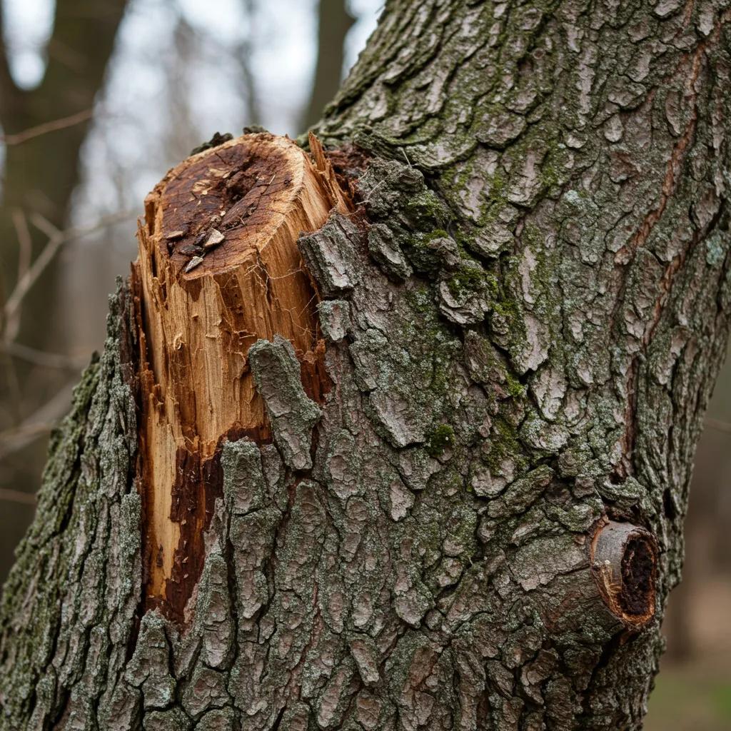 Close-up of a decaying tree trunk with visible cracks, indicating the need for hazardous tree removal