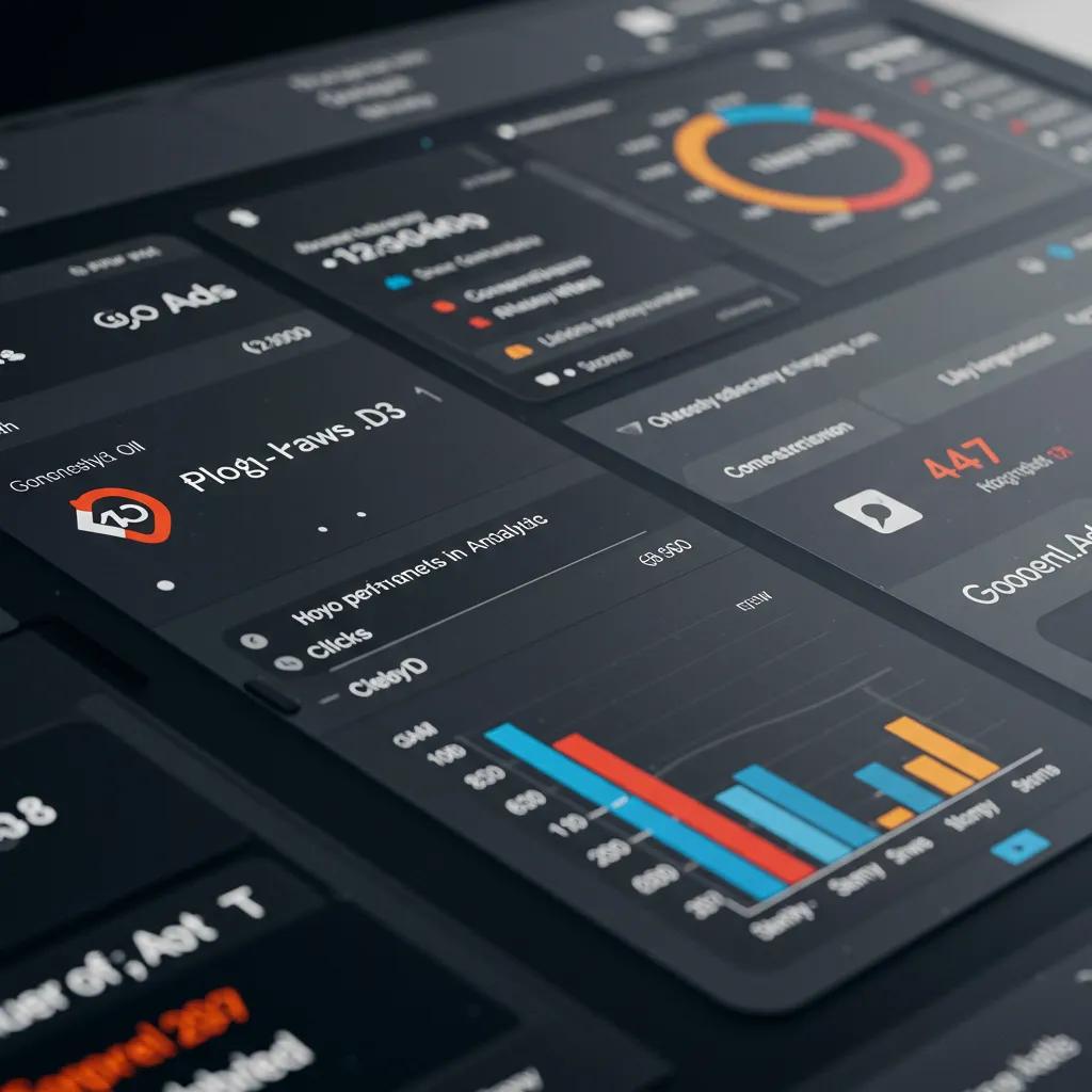 Close-up of a digital dashboard displaying Google Ads KPIs in a tech-inspired workspace