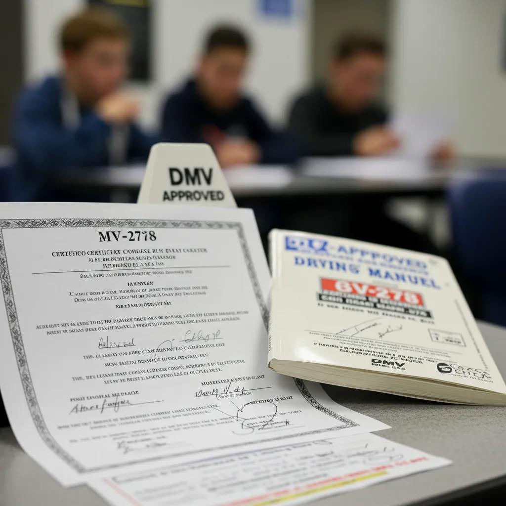 A close-up view of an MV-278 certificate, approved by the DMV, and a learner's permit displayed on a desk in a classroom setting.