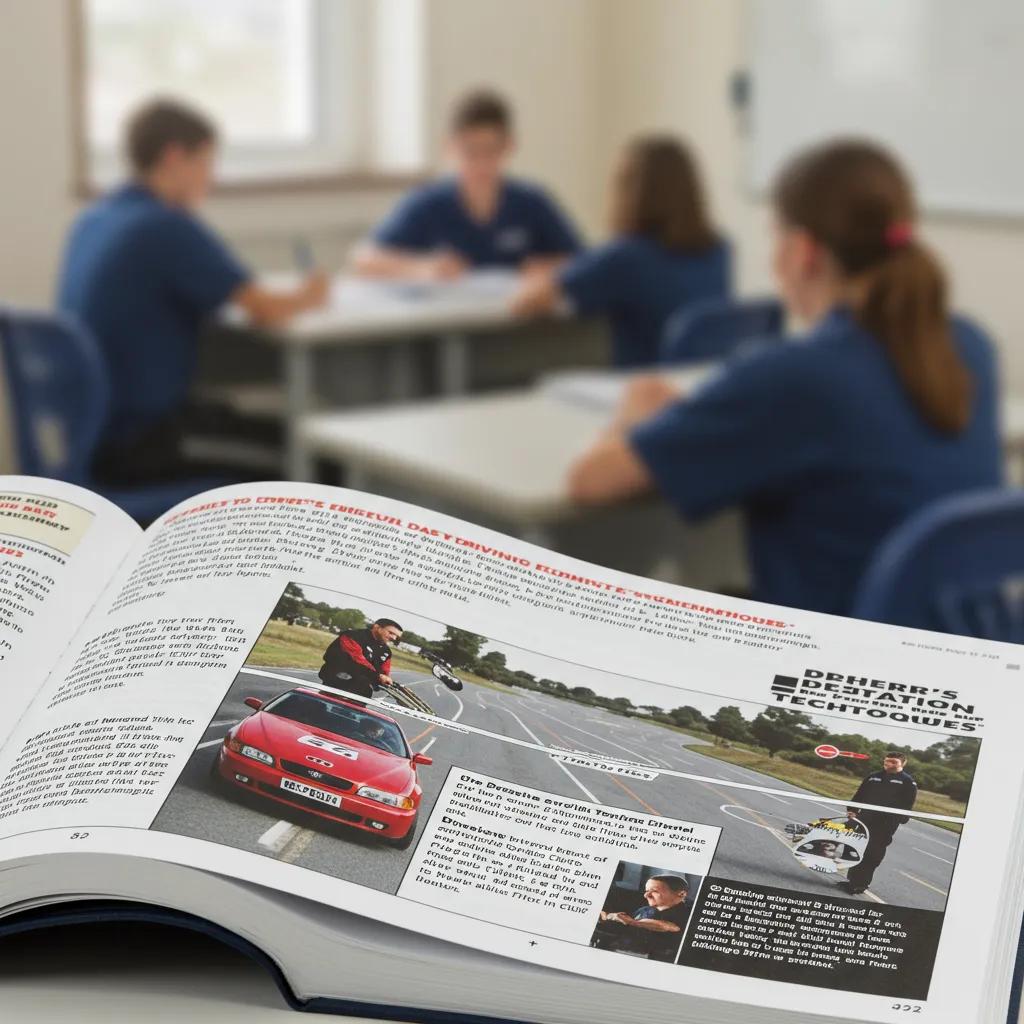A close-up view of a driver's education textbook focusing on defensive driving techniques, placed in a classroom setting