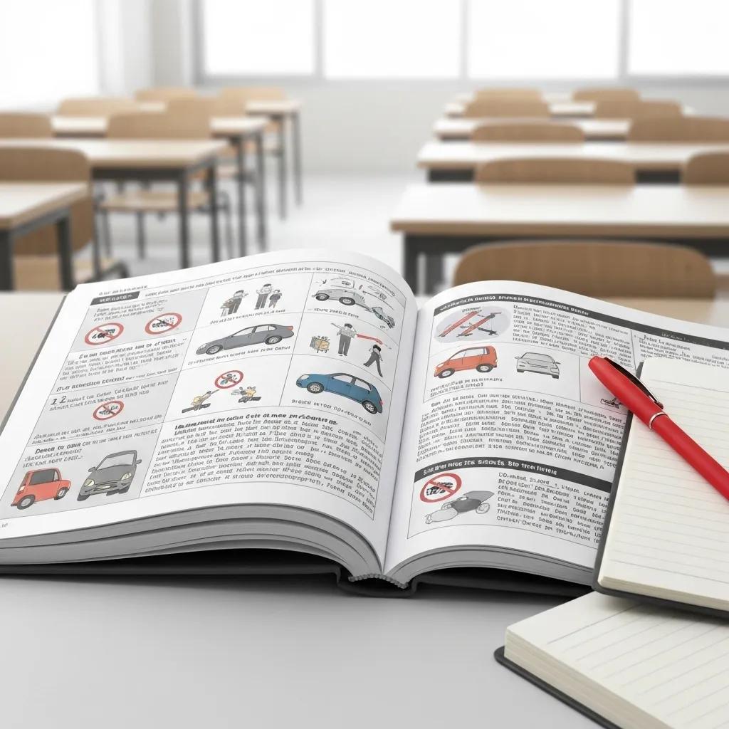 A close-up view of a driver's manual, with key sections on safe driving practices and traffic laws clearly visible in a classroom setting