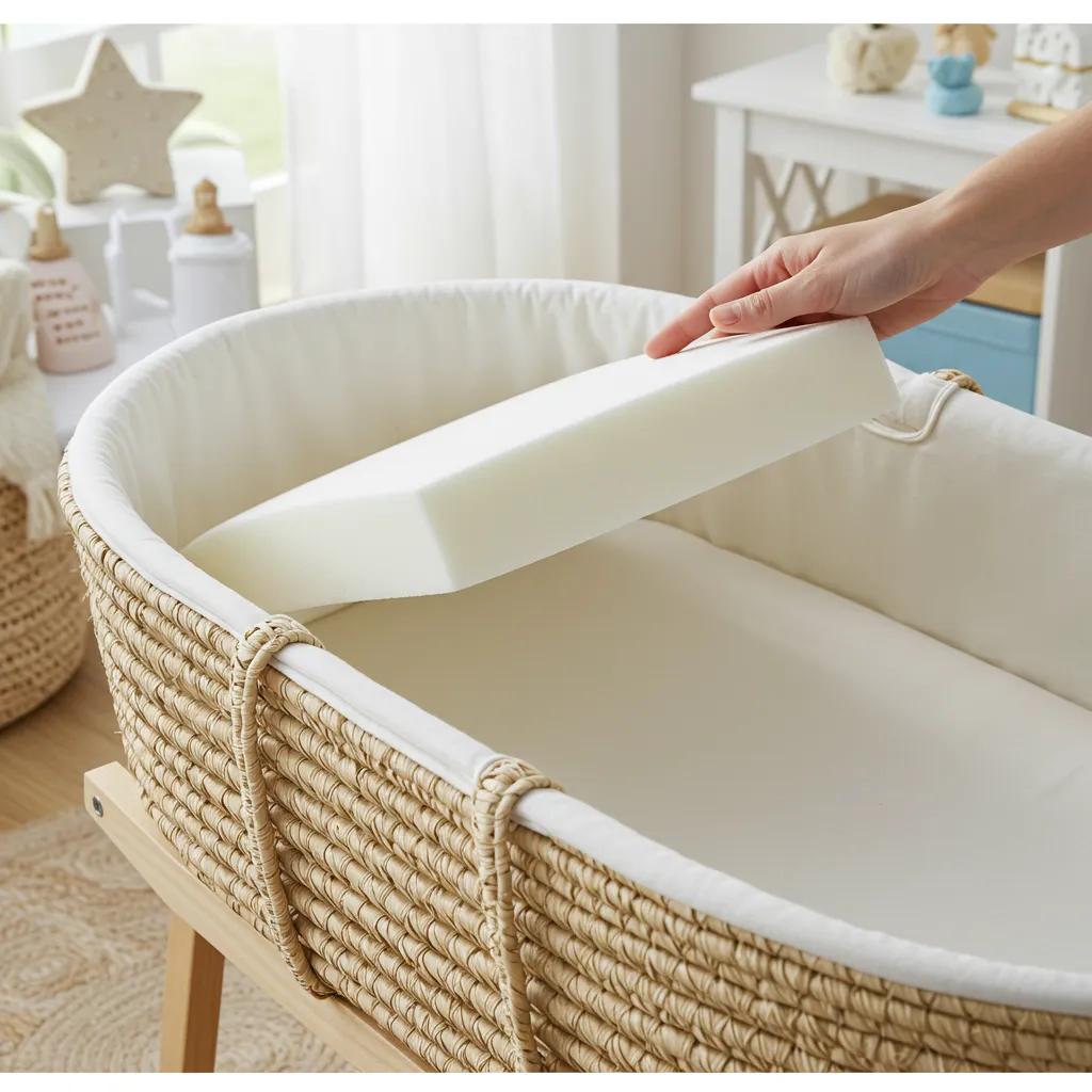 Close-up of a firm Moses basket mattress fitting snugly in a basket, highlighting safety features