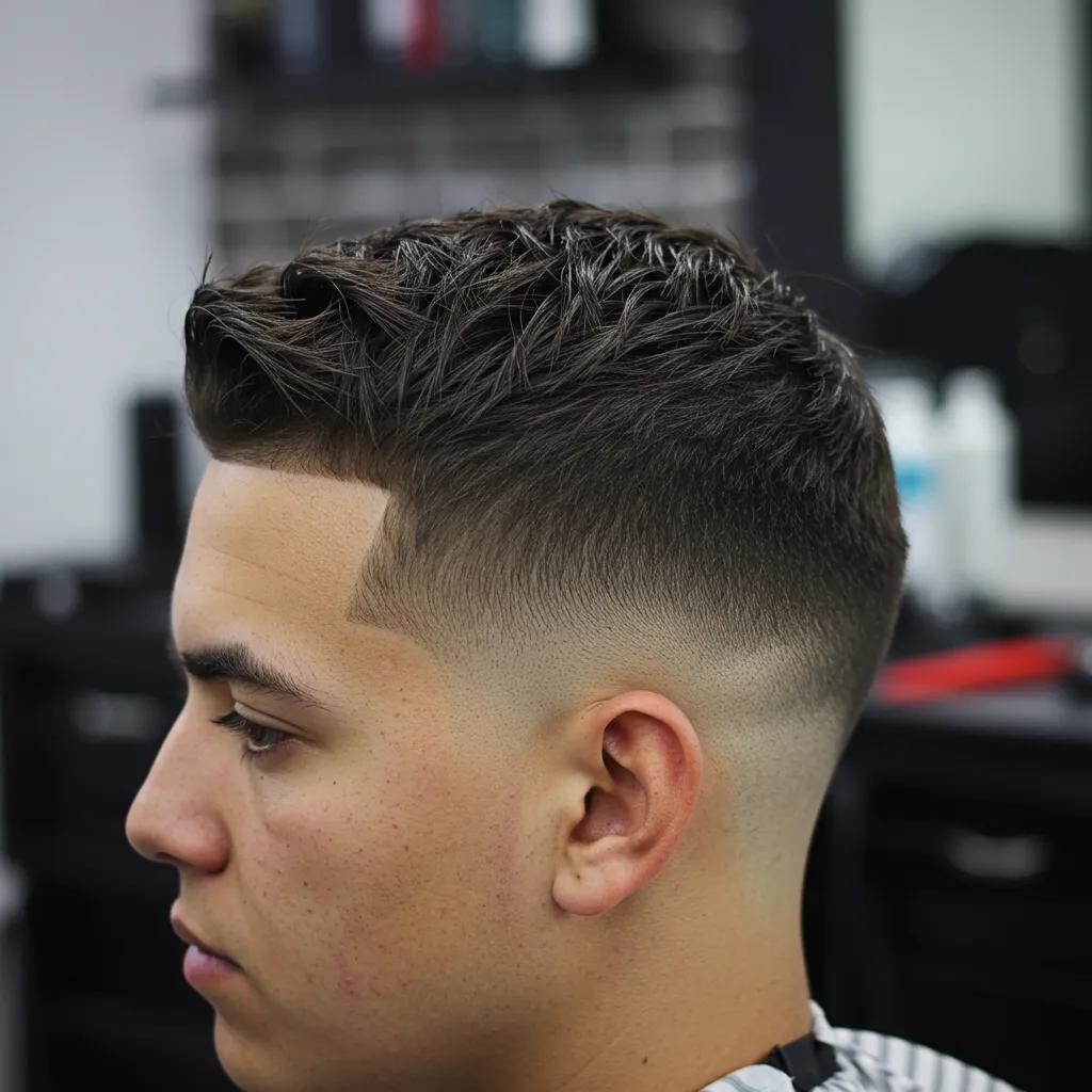 A close-up shot of a sharp fade haircut on a man, showcasing popular men's grooming styles available in Luton