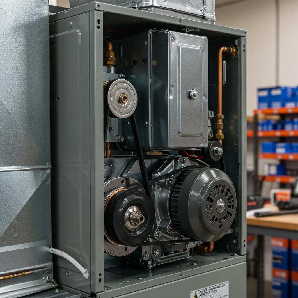 Close-up of a furnace's blower and motor components highlighting potential noise sources