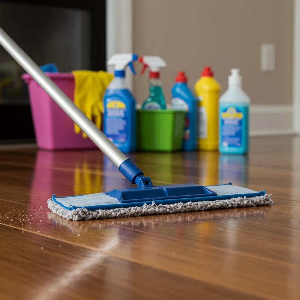 A close-up view of a hard surface floor being cleaned, highlighting the ease of maintenance and its positive impact on air quality