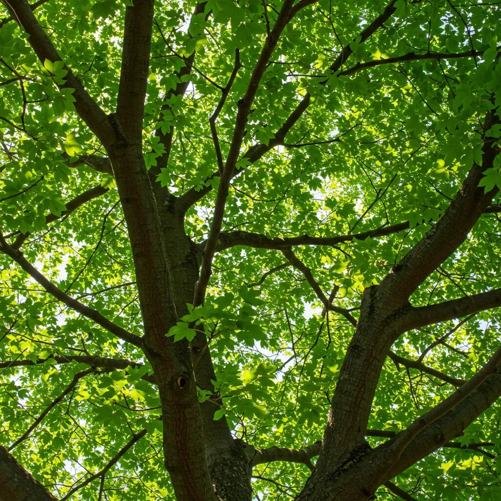 Close-up of a healthy tree canopy with vibrant leaves, illustrating the benefits of tree pruning for health