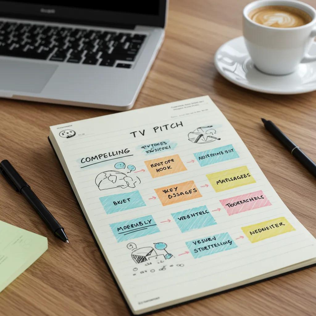 Close-up of a notepad with key components of a TV pitch, emphasizing creativity and preparation