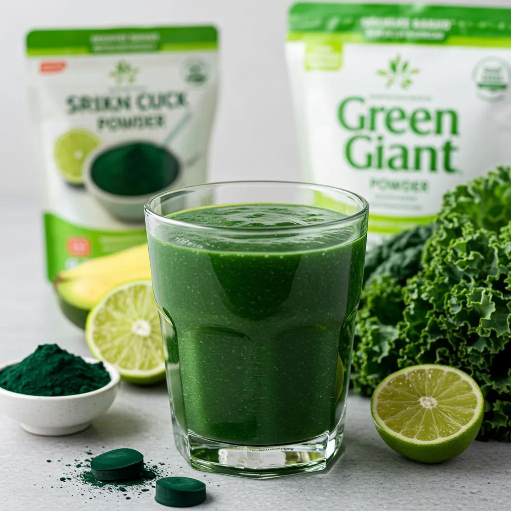 Close-up of a refreshing green smoothie made with Green Giant Powder, highlighting energizing ingredients like spirulina and kale