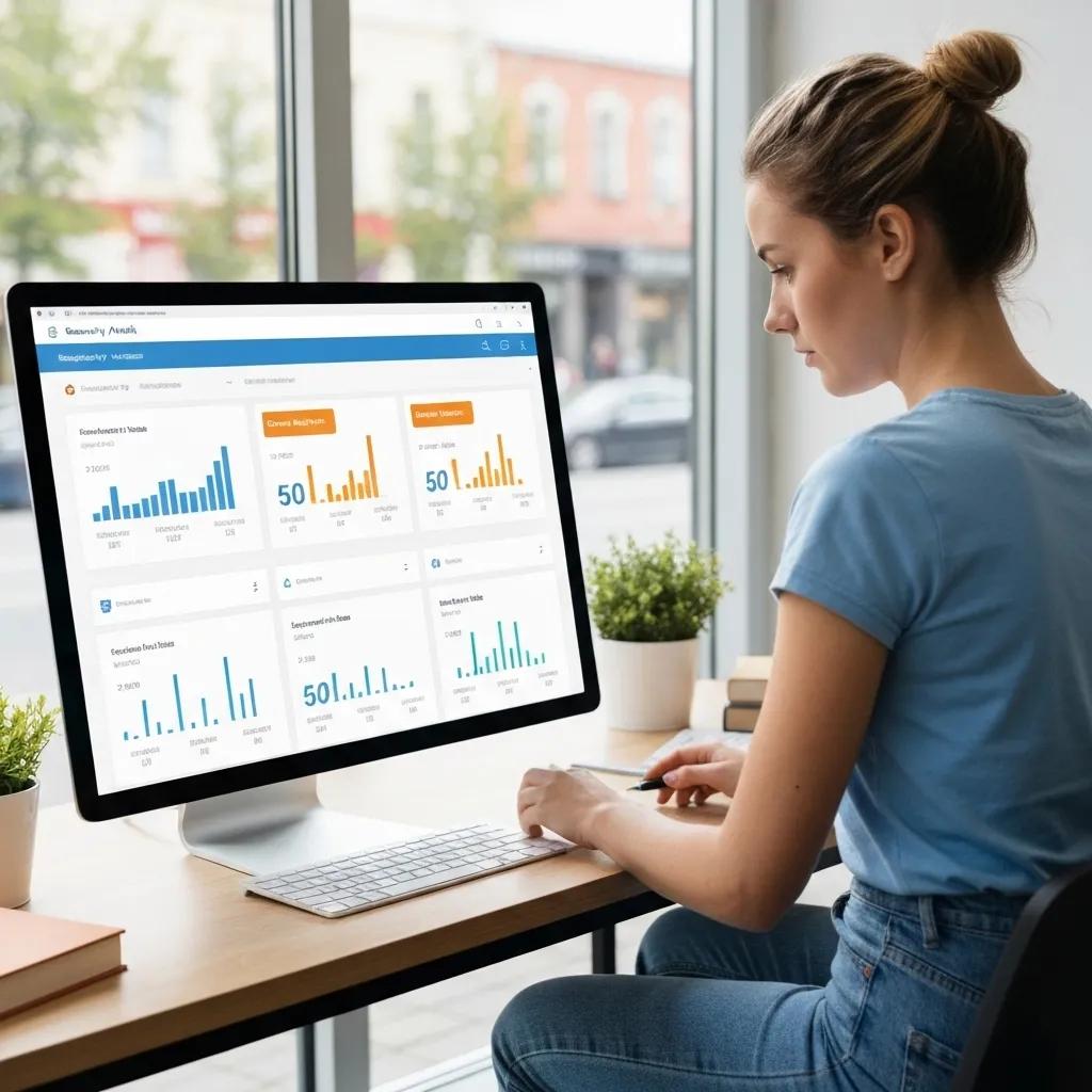 Woman analysing website security audit dashboard displaying metrics and alerts for effective online security management.