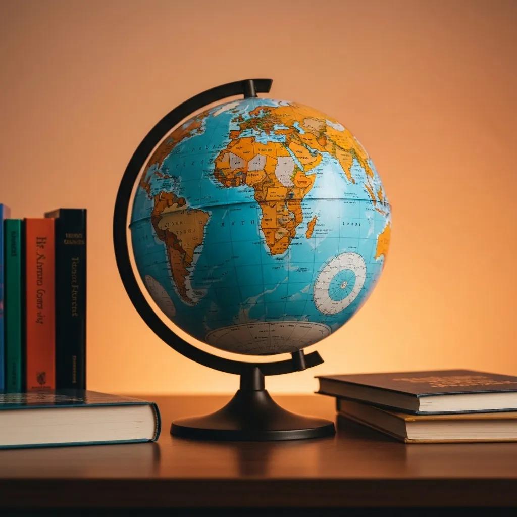 A detailed close-up of a terrestrial globe, highlighting its precise cartography and dual-map capabilities in a sophisticated study setting