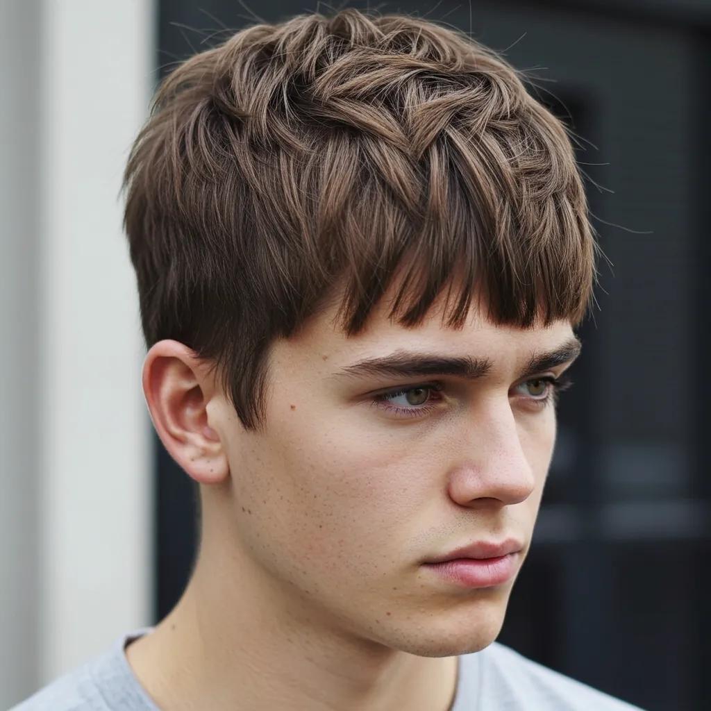 Close-up of a textured crop haircut on a young man, emphasizing choppy layers and a blunt fringe Close-up of a textured crop haircut on a young man, emphasizing choppy layers and a blunt fringe