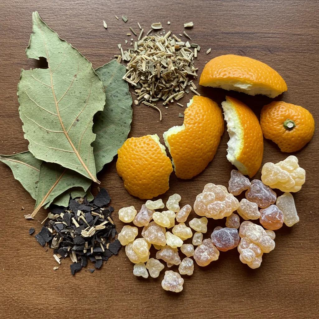 Close-up of aromatic ingredients in White Tiger Powder, showcasing patchouli, citrus, and frankincense