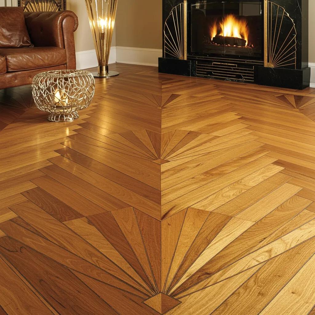 Close-up of Art Deco parquet flooring with geometric patterns and luxurious finish