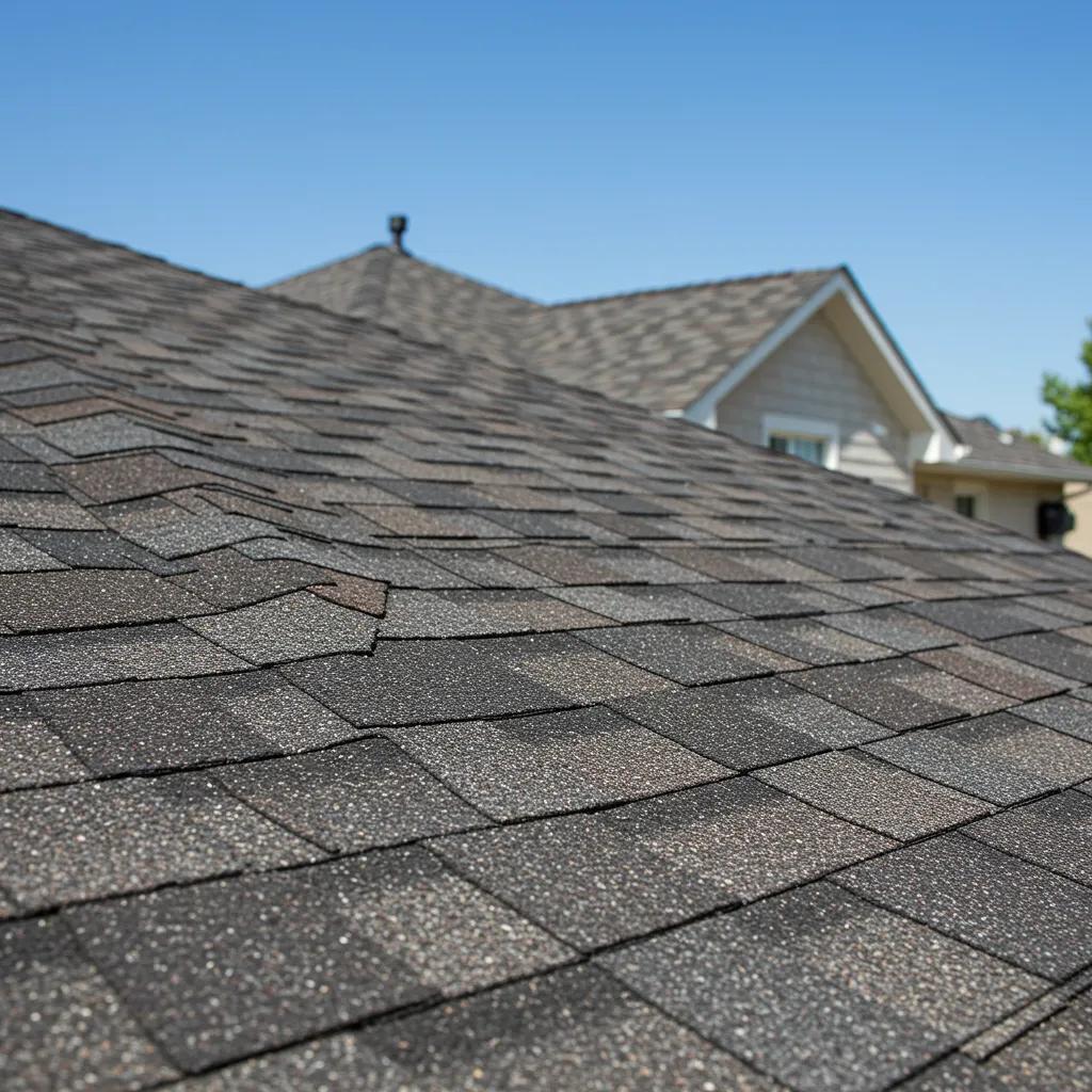 Close-up of asphalt shingles on a residential roof under a clear sky