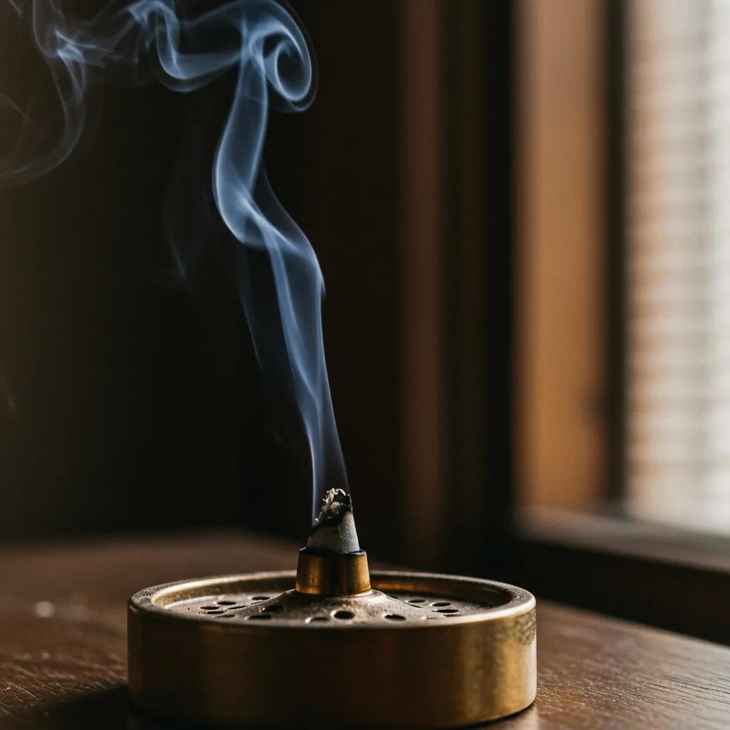 Close-up of Bizarro Powder incense emitting aromatic smoke, set against a tranquil backdrop, emphasizing its distinctive scent profile