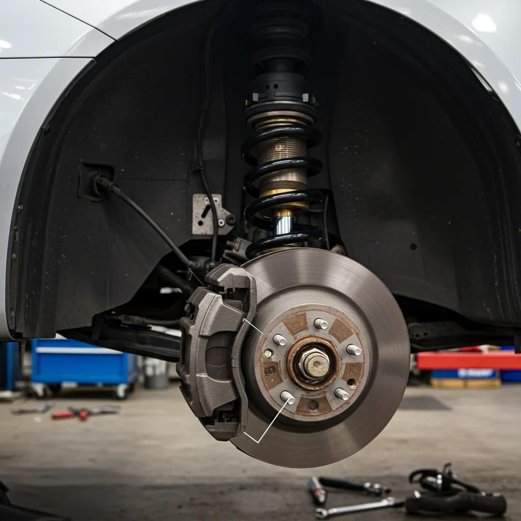 Close-up view of car brake and suspension components, illustrating common MOT failure points
