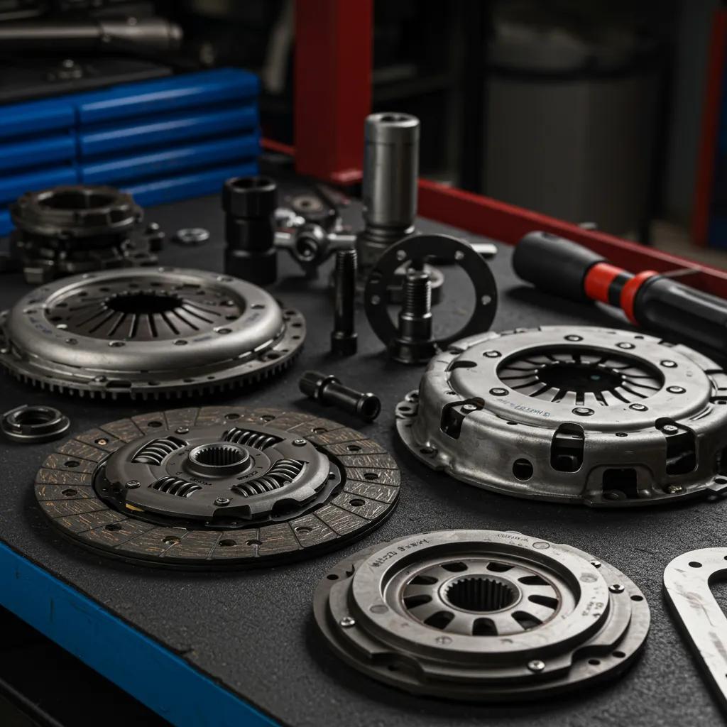 Close-up of clutch components, including a clutch kit and flywheel, laid out on a workbench