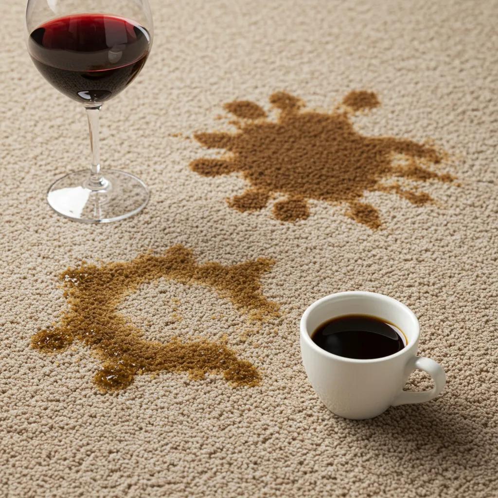 Close-up of common carpet stains including red wine, coffee, and pet urine on a textured carpet