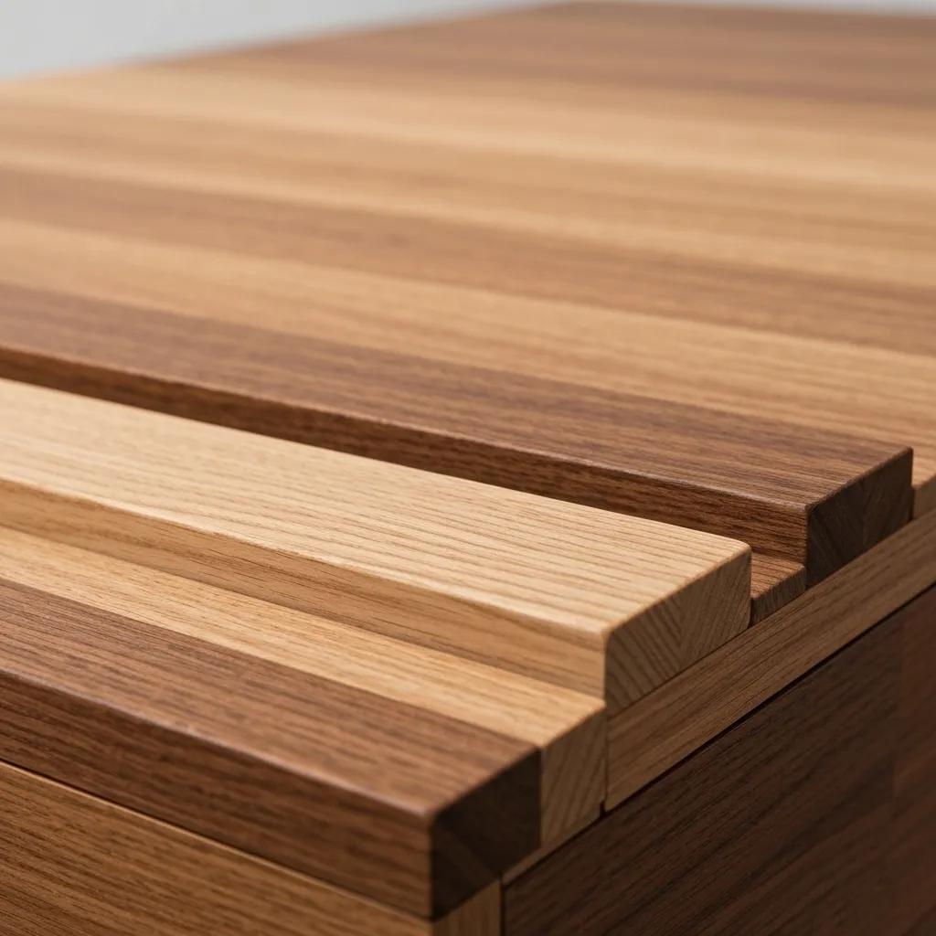 Detailed view of custom solid wood desk finishes, highlighting diverse wood grains and colour palettes