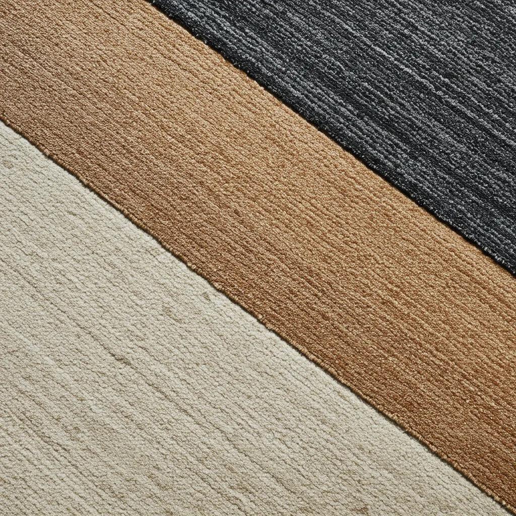 Close-up of different area rug materials including wool, silk, synthetic, jute, and cotton, highlighting their textures